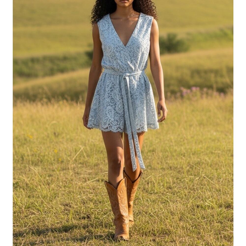 Lovers + Friends Ice Blue Lace Cross Front VNeck Coquette Babydoll Romper Sz S